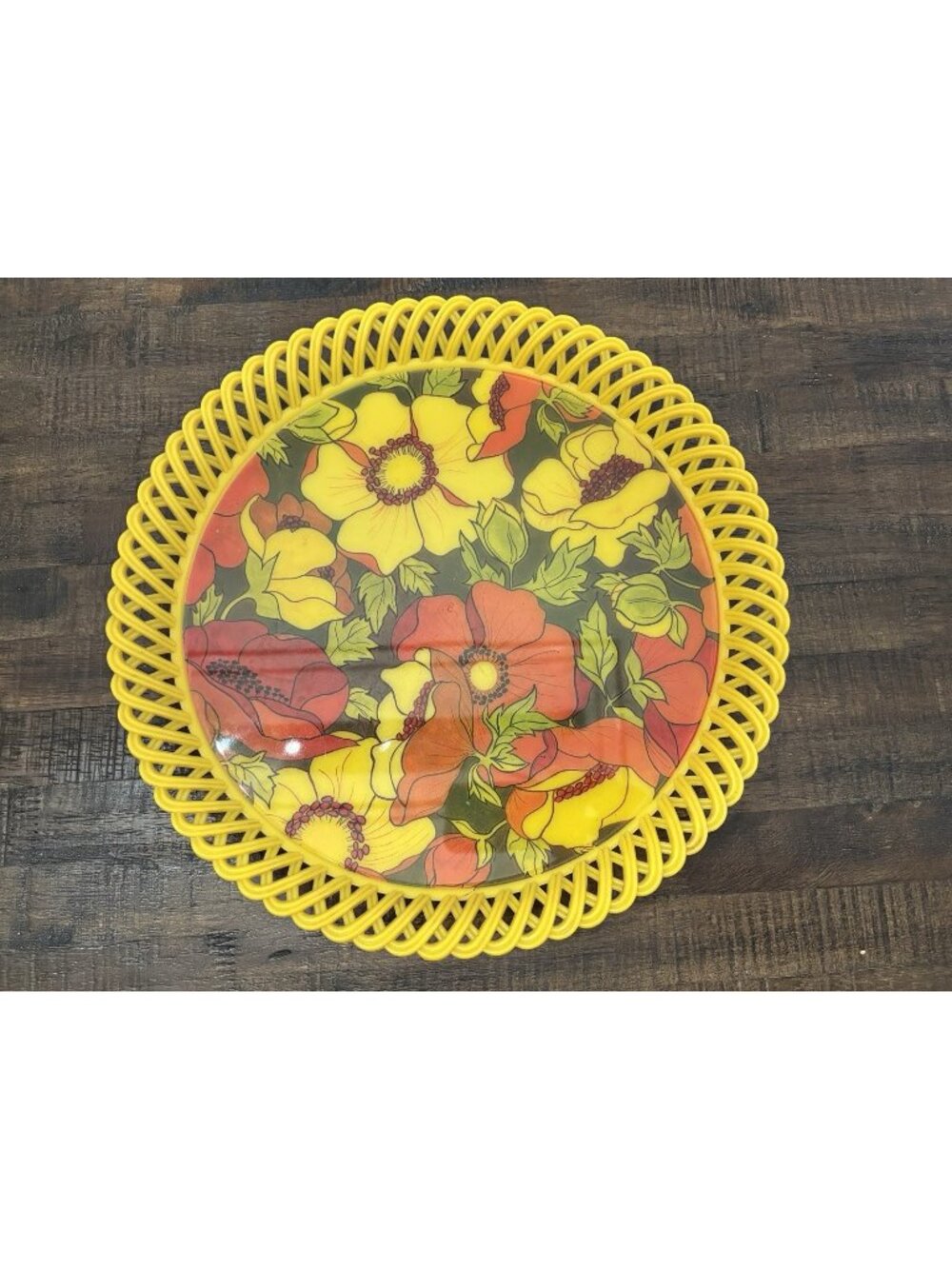 Vintage Biodrak MidCentury Serving Tray Retro Round 14" Yellow 1960 Floral